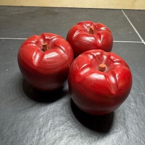 Vintage Set of 3 Hand Carved Red Wooden Apples Decorative Fruit Farmhouse Decor